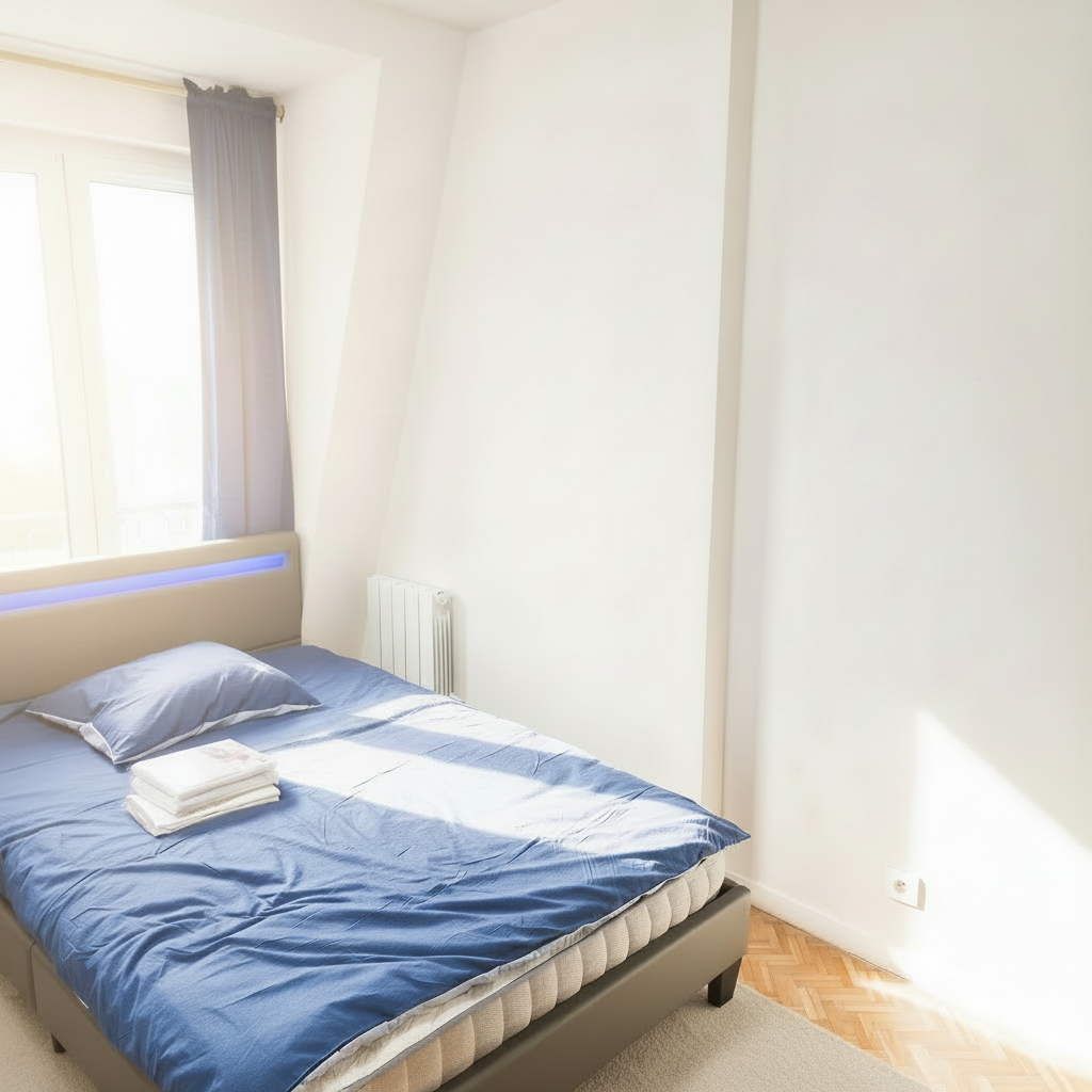 Salle de bain — meuble vasque, miroir, carrelage bleu — Garden Cluny Studio